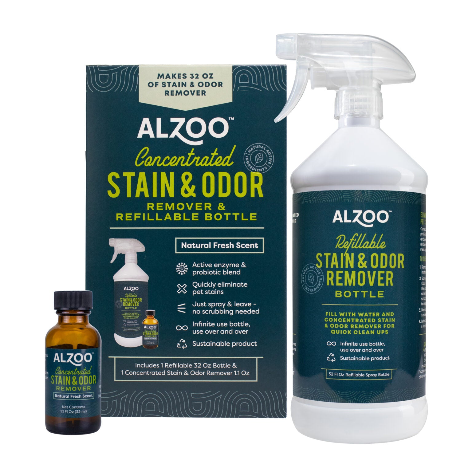 ALZOO Concentrated Stain & Odor- Enzyme Based- Remover & Refillable Bottle